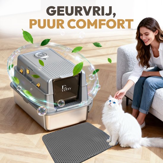 Petsy® - Bac à litière haut de gamme en acier inoxydable Pro - XXL - Avec neutralisateur d'odeurs - Avec pelle à litière, bac de récupération de litière et tapis anti-salissures - Pour grands et petits chats - Grande capacité de 37 L -