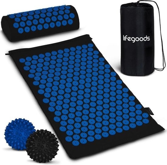 LifeGoods Tapis d'acupression avec coussin - Tapis Shakti - Tapis pour ongles avec 2 balles pour points de déclenchement - 66x40x2cm - Noir/Bleu