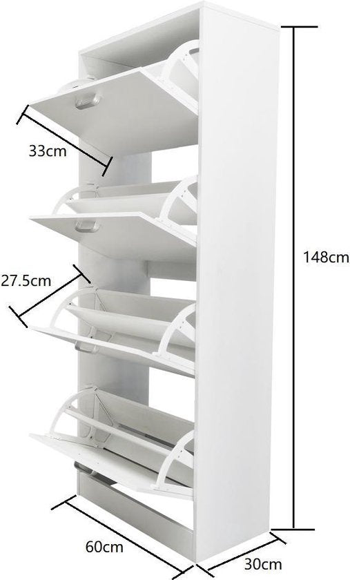 Meuble à chaussures - étagère à chaussures - 4 compartiments avec portes à rabat - blanc