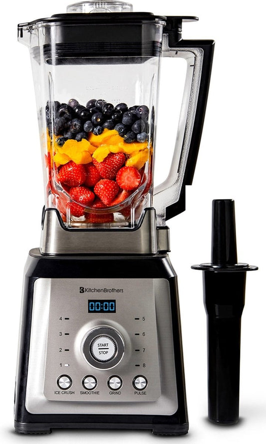 Blender - KitchenBrothers - Mixeur - 2000W - 2L - Machine à smoothie- 8 niveaux/4 vitesses - Acier inoxydable