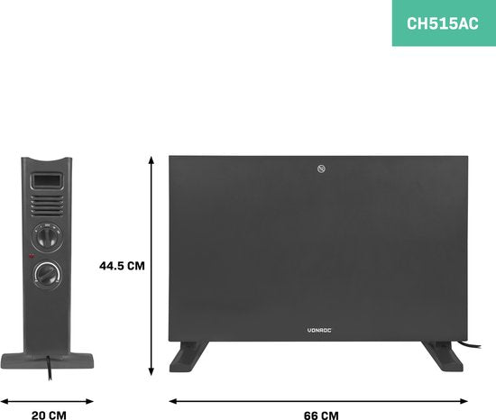 VONROC Chauffage électrique - Convecteur avec ventilateur de radiateur intégré - 2 réglages : 1250W/2000W - Thermostat réglable - Chauffe les pièces jusqu'à 24m2 - Design moderne - Gris