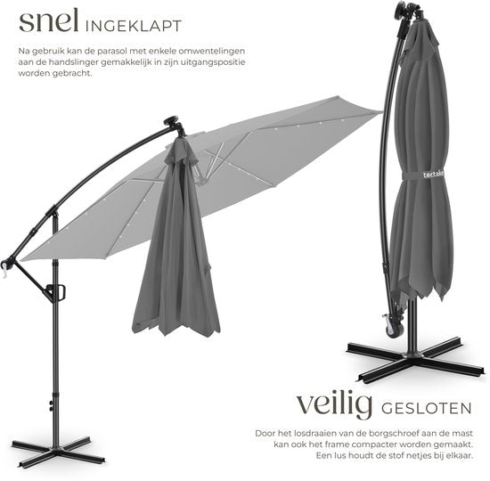 tectake® Parasol suspendu avec pied - 3,5 x 3,5 m - Parasol de jardin avec éclairage LED à énergie solaire - Orientable - Polyester hydrofuge avec protection UV - Housse incluse - Gris