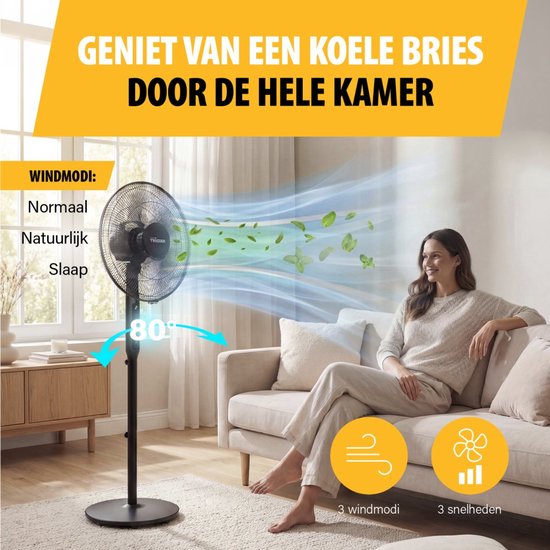 Ventilateur sur pied 3-en-1 Tristar - 40 cm - Avec télécommande - 9 vitesses - 3 modes de ventilation avec mode veille et minuterie - Oscillant - VE-5796