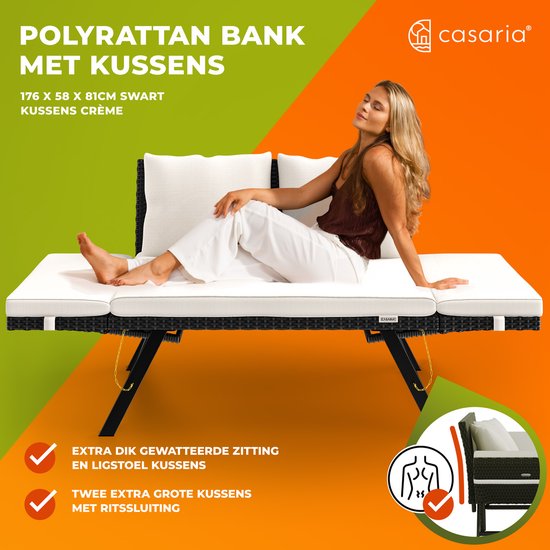 Banc de jardin Casaria Polyrattan - 176 cm réglable avec coussins - Noir