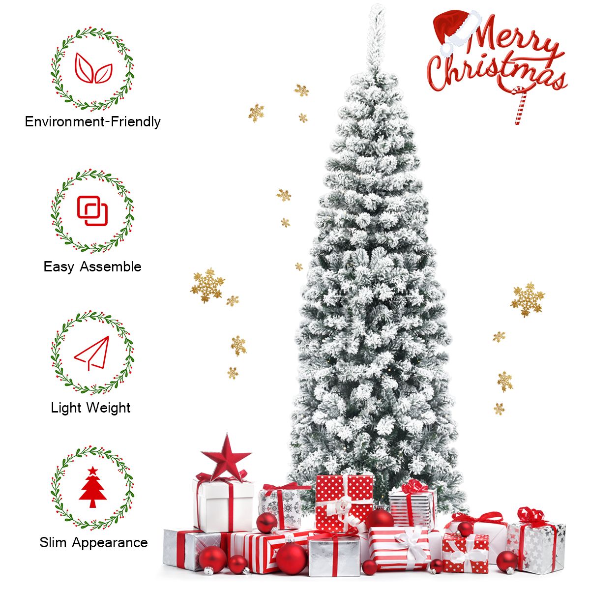 coast 180 cm Arbre de Noël Pencil - Vert/Blanc - Sapin de Noël artificiel en pin enneigé avec support en métal