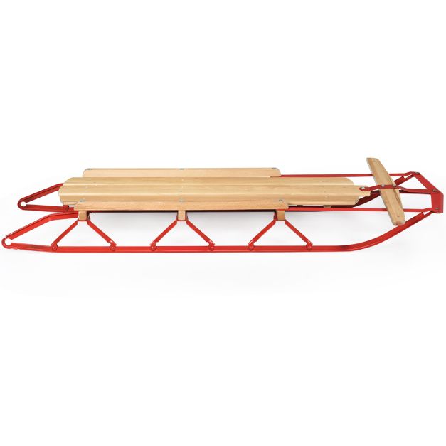 Coast Wooden and Steel Sled with Skates and Handlebar - 137x58x16 cm - Couleur rouge et bois - Pour adultes et enfants à partir de 5 ans - Capacité de charge maximale de 150 kg