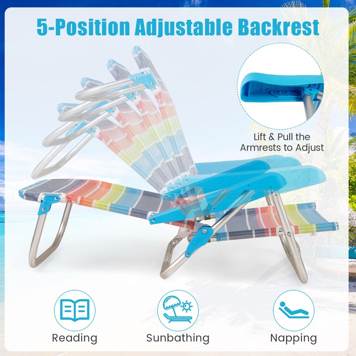 Lot de 2 chaises de plage pliantes Coast - Dossier réglable - Chaises de camping légères - 64 x 63 x 74 cm