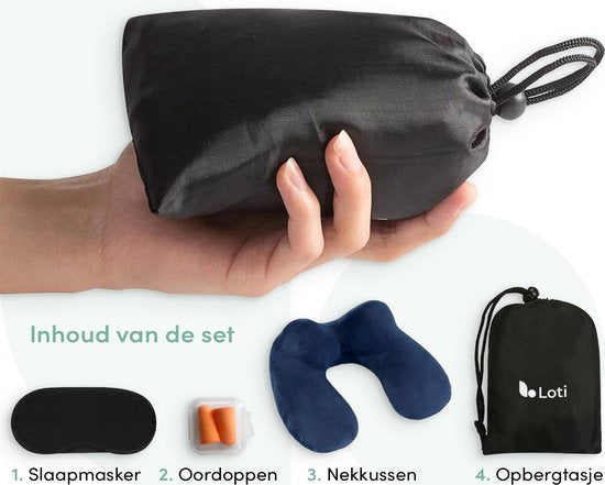 Loti Oreiller cervical gonflable 3 en 1 avec sac de rangement - Oreiller d'avion - Oreiller de voyage - Velours - Masque de sommeil et bouchons d'oreille inclus - Bleu