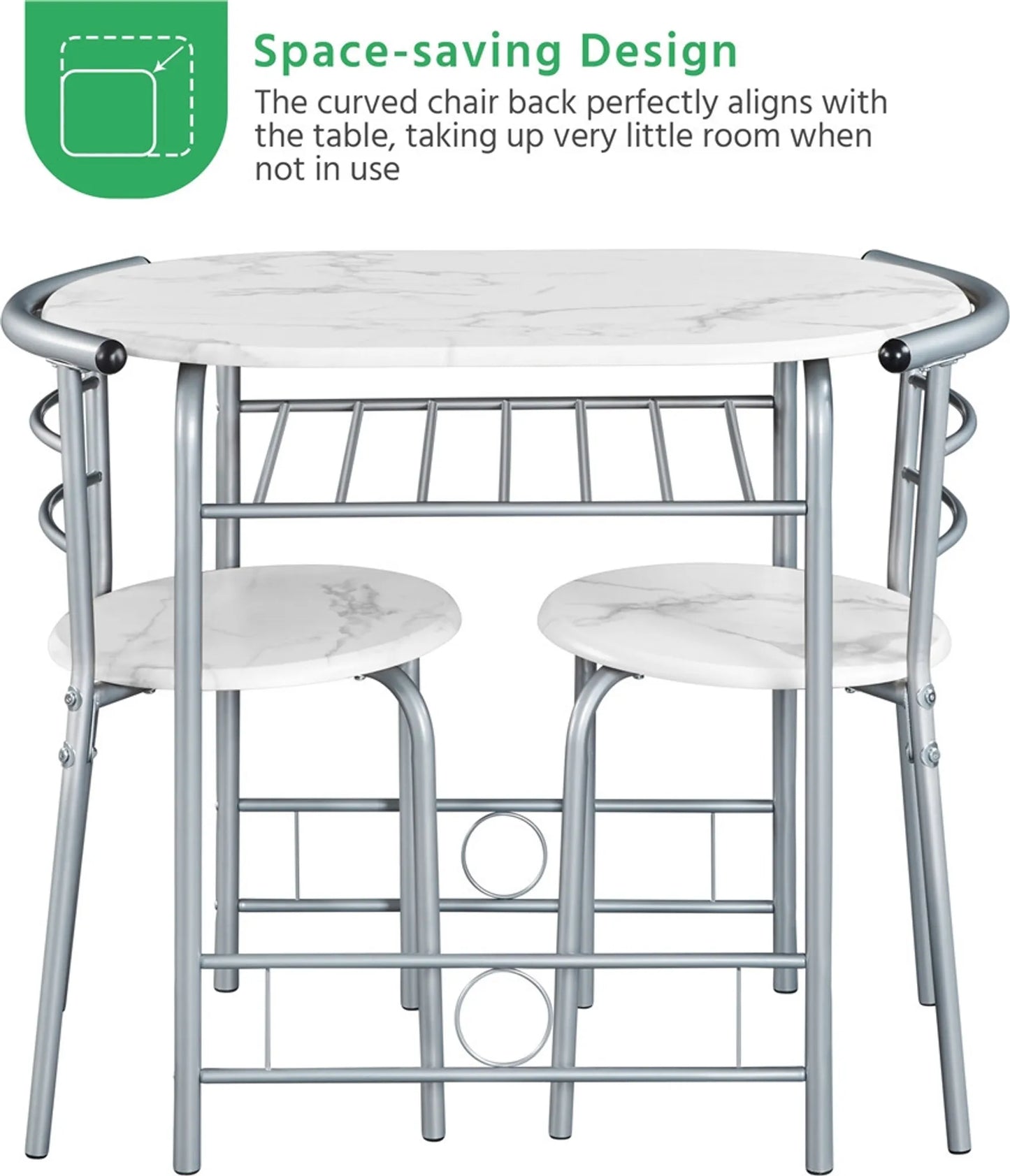 Yaheetech Table de salle à manger 3 pièces - avec rangement sous le plateau et deux chaises avec dossier et design peu encombrant - pour cuisine et balcon - Mdf blanc et métal - 90 x 53 x 75.5 cm