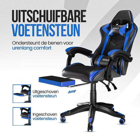 Avalo Gaming Chair - Chaise de jeu - Chaise de bureau ergonomique réglable - Chaise de jeu - Chaise de jeu - Noir/Bleu