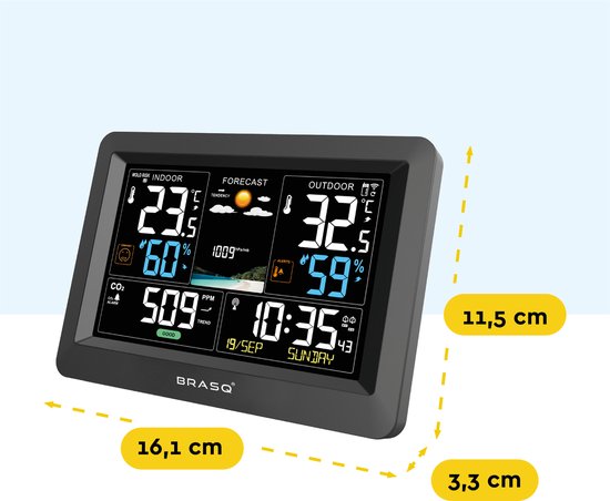 BRASQ Station météo intérieure et extérieure sans fil avec compteur de CO2 - Hygromètre - Avec capteur extérieur jusqu'à 60 mètres - Humidimètre - Thermomètre - Baromètre - piles incluses