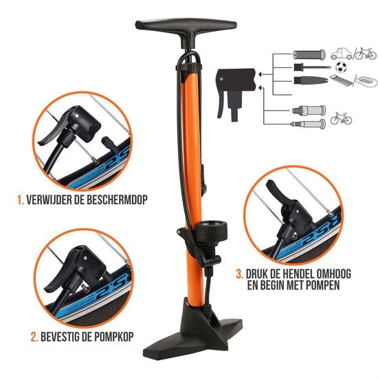 Pompe à vélo Strex - Manomètre - 11 Bar - Pompe à bille - Orange