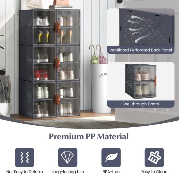 Coast Shoe Storage Box Set - Stackable & Incl. Magnetic Doors - 12 compartiments - 49 x 32 x 113 cm - Grey