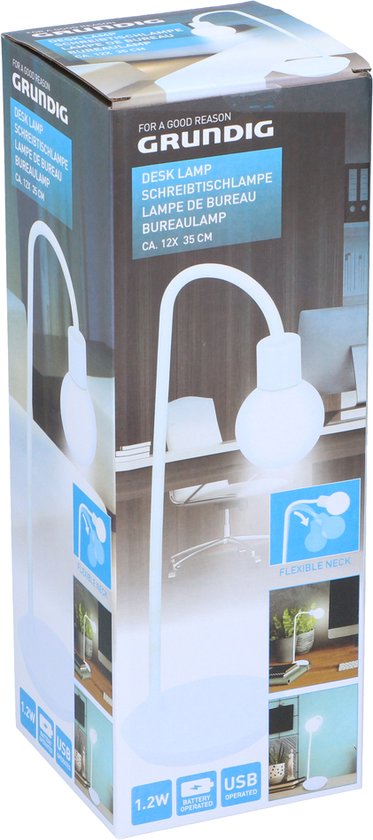Lampe de bureau Grundig - 12 x 35 CM - cou flexible - piles/USB - blanc