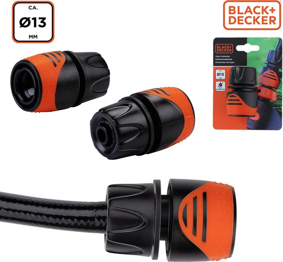 BLACK+DECKER Coupleur de tuyau d'arrosage 1/2'' - Tuyaux d'arrosage ⌀13mm - Arrêt d'eau intégré - Plastique - Noir/ Orange