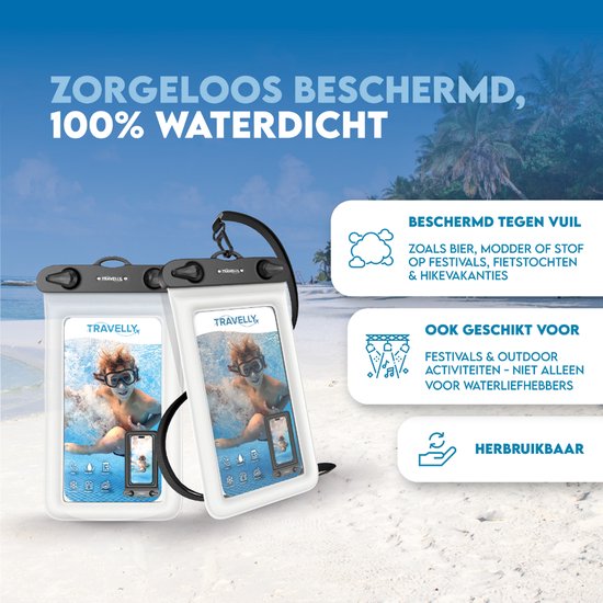 Travelly® Waterproof Phone Case Set of 2 - Universal Underwater Case for Smartphone - Convient à tous les téléphones - Drybag - Pour les vacances, la natation et les sports nautiques - Transparent/Blanc