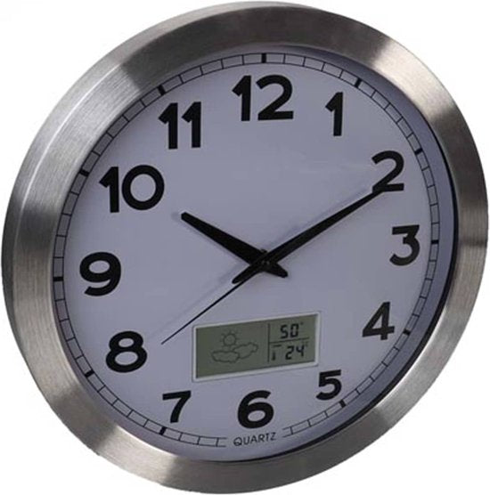 Perel Horloge murale, ronde, analogique, 35 cm, écran LCD avec thermomètre, hygromètre et prévisions météorologiques, aluminium, argent