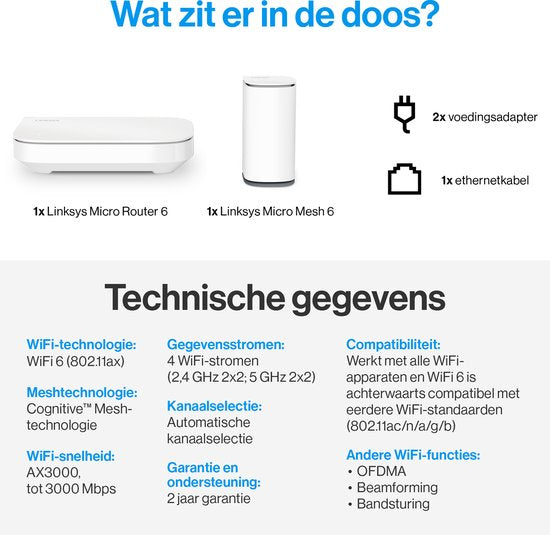 Linksys Velop Micro Mesh 6 - Routeur - WiFi 6 - Dual-band - Mesh WiFi - 3000 Mbps - 2-pack - Blanc