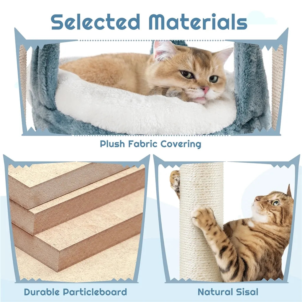 Yaheetech Arbre à chat Ocean Style 115 cm - Bleu/Blanc - Arbre à chat avec maison pour chat, panier de couchage, plateau et poteaux en sisal