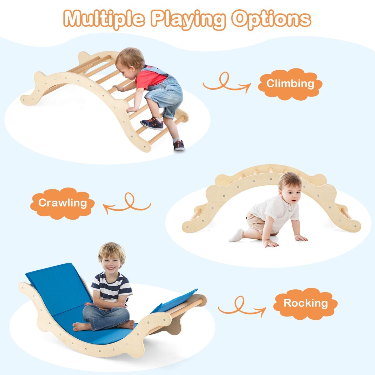 Coast 3-in-1 échelle à grimper en bois avec arc, toboggan et tapis - 116 x 50 x 39 cm - Naturel