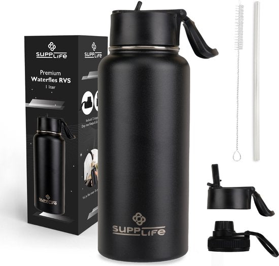 Supplife Luxe : bouteille isotherme / gourde en acier inoxydable - 1 litre - Sans BPA et étanche - Bouteille d'eau avec paille - Isolation à double paroi - Tasse isotherme - Bouchon verseur et bouchon avec paille - Brosse de nettoyage incluse - Noir