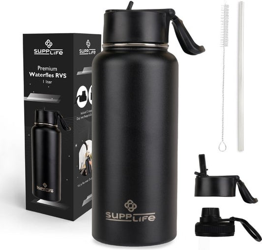 Supplife Luxe : bouteille isotherme / gourde en acier inoxydable - 1 litre - Sans BPA et étanche - Bouteille d'eau avec paille - Isolation à double paroi - Tasse isotherme - Bouchon verseur et bouchon avec paille - Brosse de nettoyage incluse - Noir