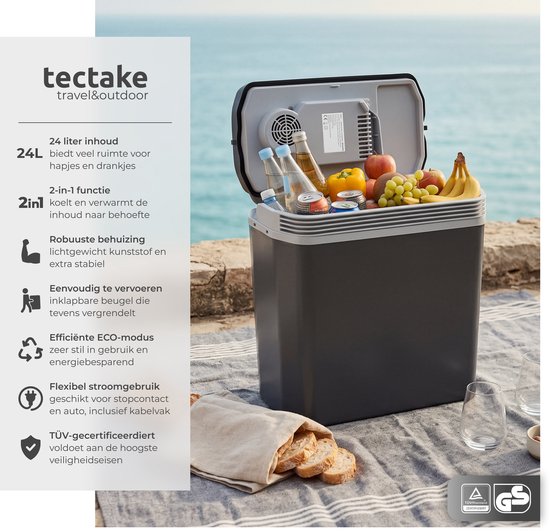 Glacière tectake® - Électrique - 24 litres - Poignée - Glacière pour voiture - Boîte isotherme - Chargeur 12 V et 230 V - Réfrigérateur de camping - Refroidissement et chauffage