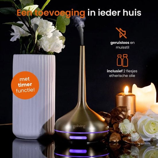 Goliving Diffuseur d'arômes - Humidificateur - Aromathérapie - 2 huiles essentielles incluses - 10 couleurs LED - Diffuseur de parfum - Or