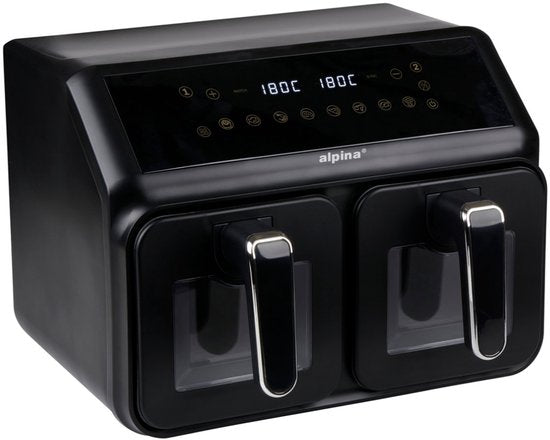 Alpina Friteuse à air chaud double XXL - Friteuse à air chaud 2 x 4 L - Friteuse à air chaud avec écran tactile numérique - Four à air chaud pour 6 personnes et plus - 8 programmes de cuisson - Mode Sync - Fonction minuterie