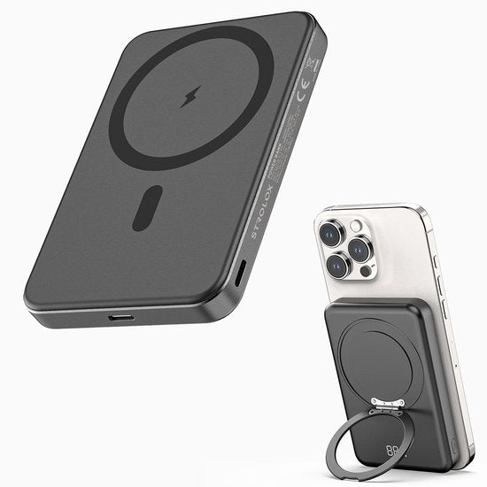Batterie externe Strolox - 12 000 mAh - Compatible avec le système MagSafe - Batteries externes sans fil - Chargeur rapide - Kit d'urgence - Avec support