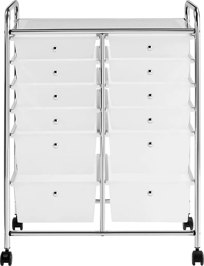 Chariot à 12 tiroirs sur roulettes, structure métallique et poignées, blanc, 63 × 38,5 × 82 cm