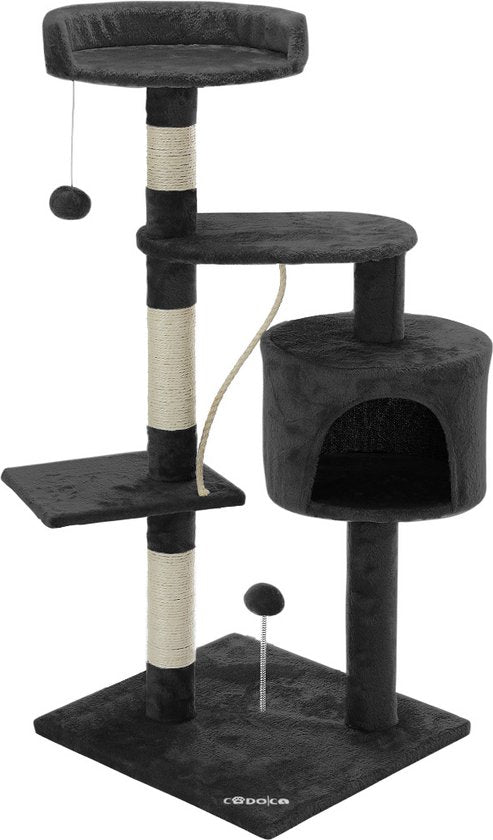 Arbre à chat Cadoca gris foncé avec 3 zones d'observation, 1 grotte, 2 balles de jeu et une corde