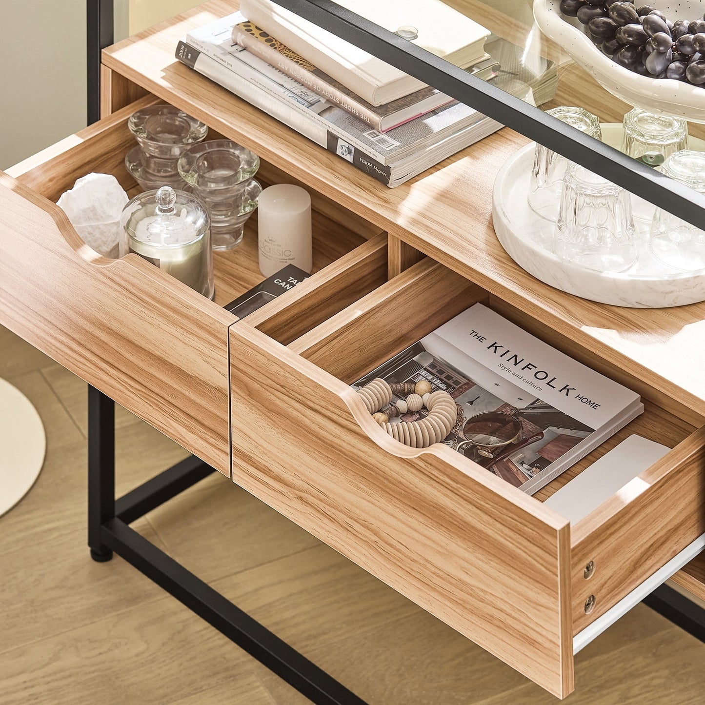 SoBuy Table d'appoint avec plateau en verre - Avec 2 tiroirs - Max. 40 kg - 81 x 35 x 78 cm - Bois/ Fer