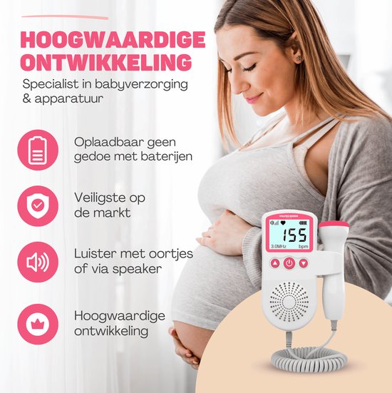 Vulpes Goods® BabyCare - Doppler Baby PRO - Baby Heart Monitor - Doppler fœtal - Doppler des battements cardiaques du bébé - Dispositif d'écho - Cadeau de grossesse - Rose - Gel d'échographie et bouchons d'oreille inclus