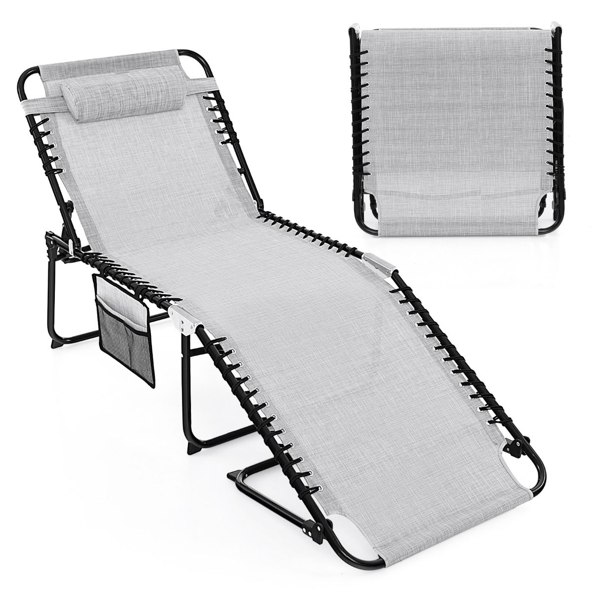 Chaise longue pliable extra-large - Noir/Gris - 200 kg - Dossier et repose-pieds réglables - Avec poche latérale