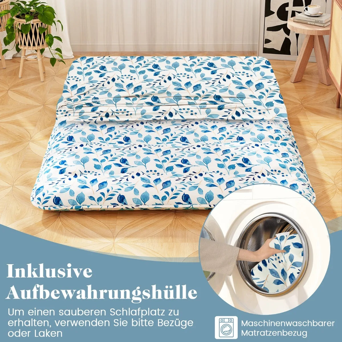 Matelas futon japonais Coast Tatami – Livré avec une housse extérieure lavable en machine, un sac de transport pratique et des sangles de roulement résistantes – Idéal pour les invités et le camping – Microfibre bleue et polyester – 10 x 100 x 200 cm