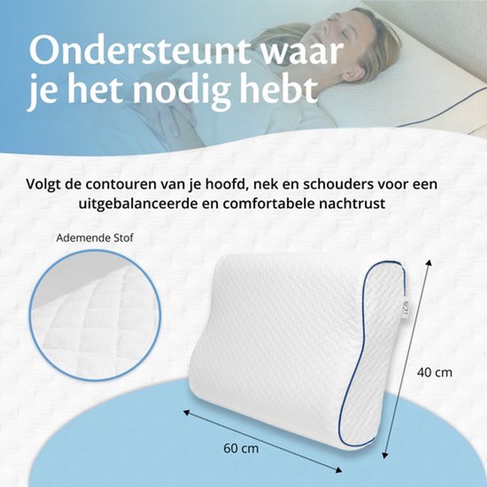 Oreiller orthopédique Ella Wave-Soft pour les personnes dormant sur le dos ou sur le côté - Oreiller ergonomique avec soutien cervical en mousse à mémoire de forme - Oreiller pour soulager les douleurs cervicales, 60 x 40 cm - Blanc