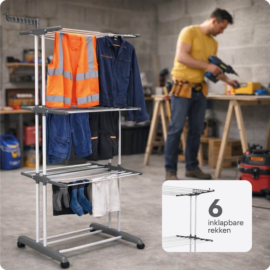 Séchoir à linge pliable avec roulettes - 6 étagères - Inoxydable - Utilisation à l'intérieur et à l'extérieur – Peu encombrant – Séchoir à linge XXL - BREND BR-2250