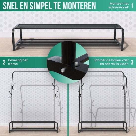 Avalo Industrial Clothes Rack Double Rod - Metal - 110x33x150 CM - Black - Storage For Shoes - Wardrobe Rack With Hooks