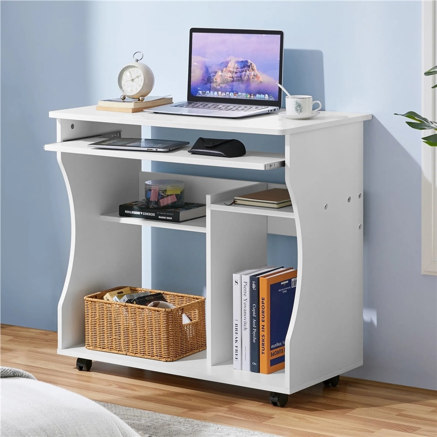 Yaheetech Bureau d'ordinateur sur roulettes - avec tiroir à clavier extensible et deux plateaux de rangement et fonction de freinage - pour bureau à domicile et chambre à coucher - Mdf blanc et métal - 80 x 48 x 76 cm