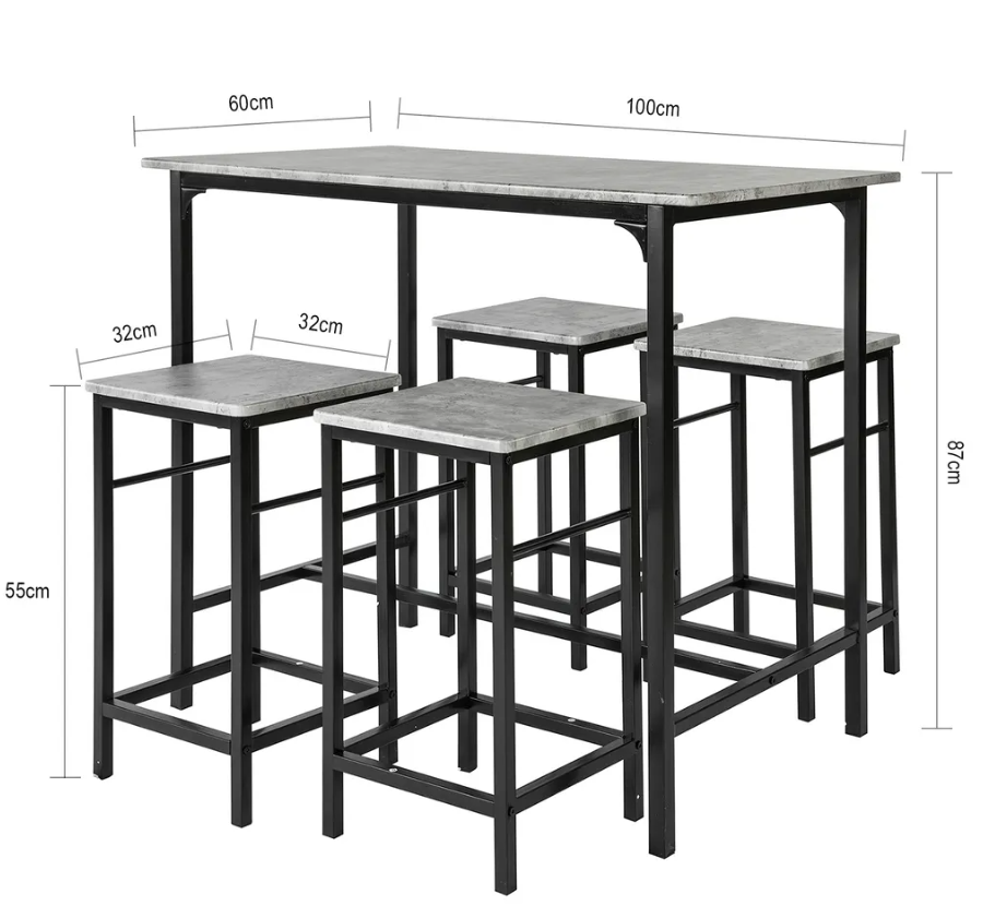 SoBuy Table de bar - 4 tabourets - Ensemble de table de bar - 5 pièces - 100 x 87 - 60 cm - jusqu'à 120 Kg - Gris/Noir