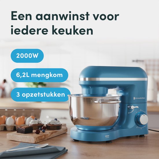 KitchenBrothers Robot de cuisine - Robot de cuisine - 6.2L - Mixeur avec bol de mixage - Mixeur de cuisine - 2000W - Bleu pastel