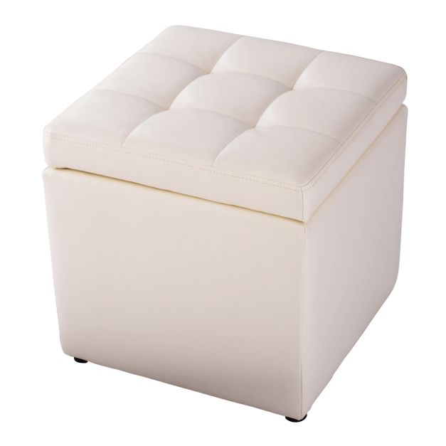 Boîte de rangement ottomane avec couvercle Boîte de rangement cubique avec charnières de sécurité Espace de rangement à l'extrémité Blanc