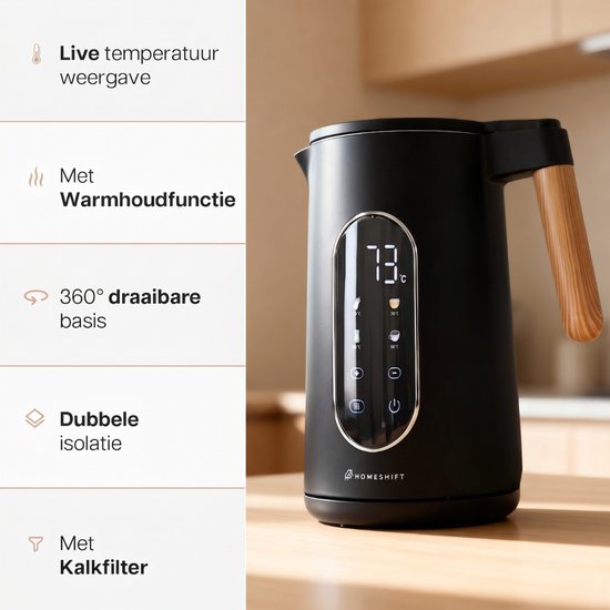 Bouilloire HomeShift® avec réglage de la température - Fonction de maintien au chaud - Double paroi - Électrique - 1,7 litre - 2200 W - Noir / Bois