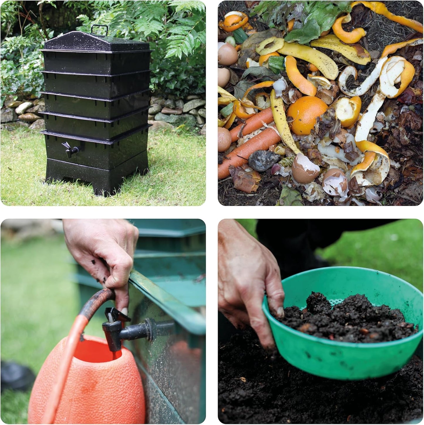 Composteur à vers Billiebin à 4 étages – Kit de démarrage avec vers de compost, bloc de fibre de coco et substrat – 40 x 40 x 80 cm – Vert
