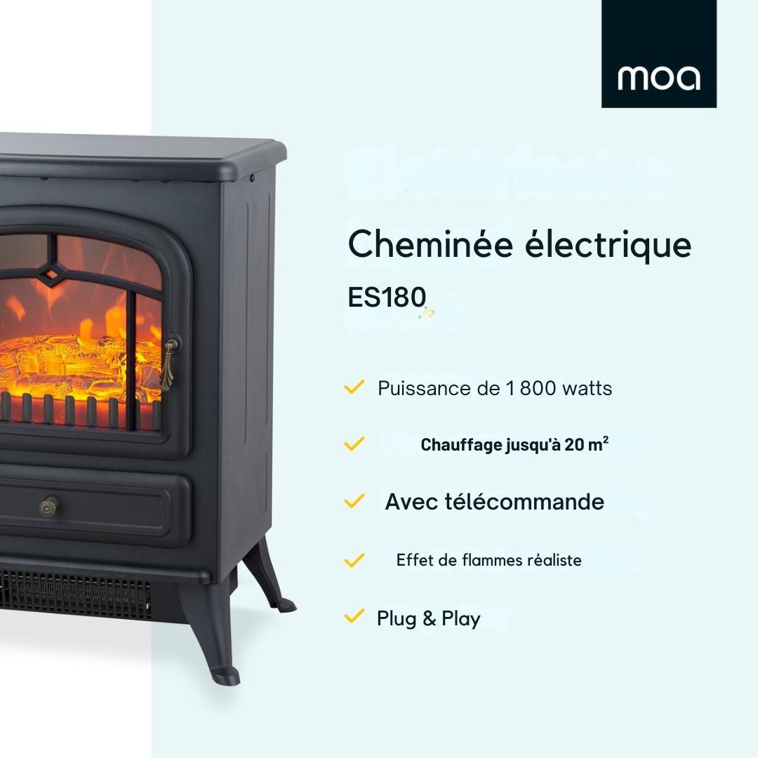 Cheminée électrique d'ambiance MOA - ES180 - Freestanding - 1800W - Effet de flamme réaliste - Noir