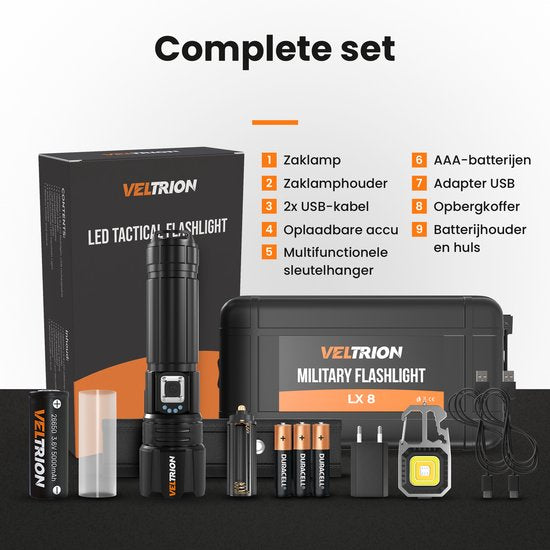 Lampe de poche LED rechargeable Veltrion - Accessoires gratuits - Lampe de poche militaire - 6 000 lumens - Batterie 26650 - 5 modes - Fonction batterie externe - Lampe de poche à piles - Kit d'urgence