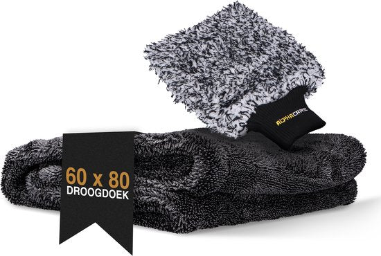 ALPHACARE - Serviette sèche + gant de lavage Voiture - Moto - Salle de bain - Séchage rapide - 60 x 80 - 600 GSM - Gris