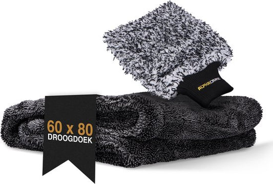 ALPHACARE - Serviette sèche + gant de lavage Voiture - Moto - Salle de bain - Séchage rapide - 60 x 80 - 600 GSM - Gris