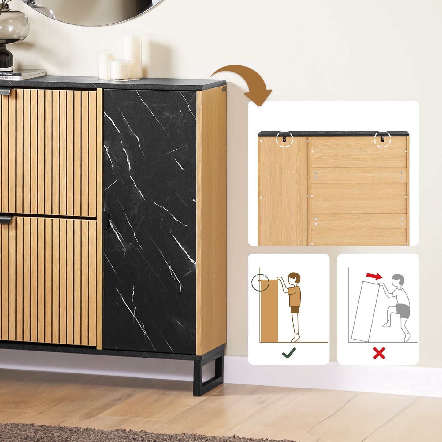 SoBuy FSR203-N Meuble à chaussures pour entrée étroite, 2 abattants et porte latérale, design scandinave, compact, noir et bois clair, 90 x 24 x 88 cm